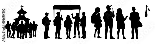 Guided tour group icon set with solid black icon on bright white background featuring travel, group, tour with guide and icon