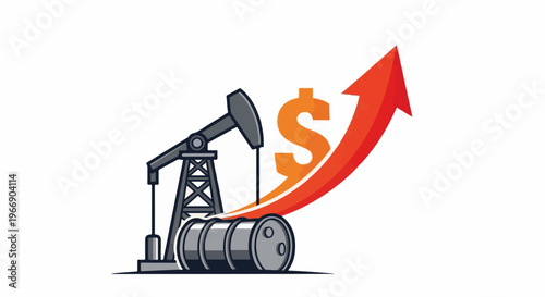 Oil pump jack, barrel, dollar sign, and rising arrow
