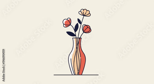 Stylized vase holds three colorful blooming flowers on a light background