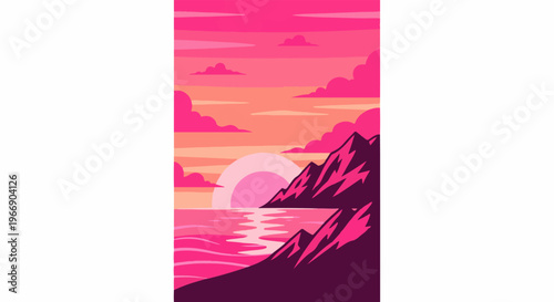 Pixel art sunset over water with rocky shoreline and clouds