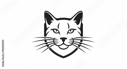 Stylized black cat face with sharp whiskers and pointed ears on a shield