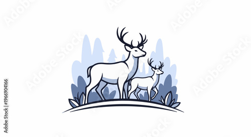 Elegant deer family in a stylized woodland landscape