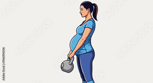 Pregnant woman in blue workout clothes holding kettlebell