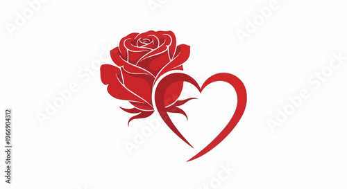 Red rose with heart silhouette on white background