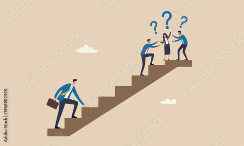 Teams together for career or adversity concept, businessman trying hard with full effort to climb up big ladder or stairway