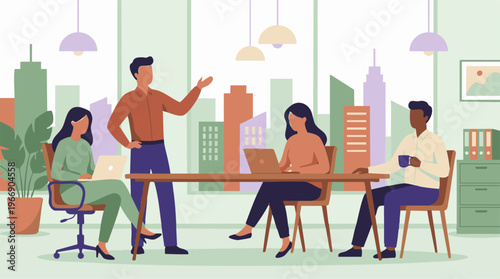 Diverse business team collaborating and working in a modern office environment