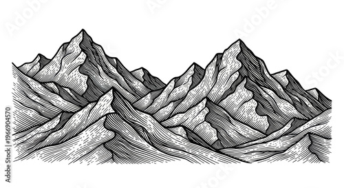 Engraved Mountain Range Landscape - Vintage Style