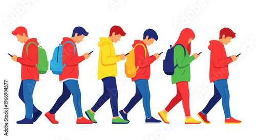 Generation Z addicted to smartphones walking in a line, isolated on white background