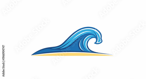 Stylized blue wave cresting on a sandy beach with white background