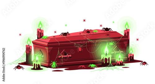 Spooky Coffin Surrounded by Spiders and Glowing Candles