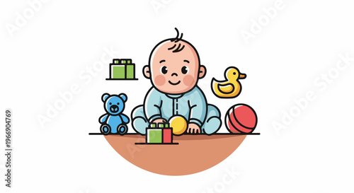 Cute baby sitting with toys, including a teddy bear, rubber duck, and balls