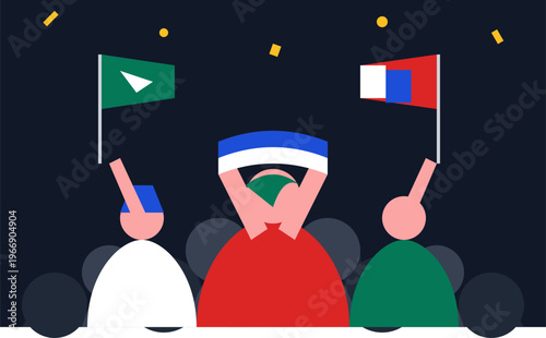 Hand-drawn flat geometric representation of enthusiastic stadium fans cheering with flags and scarves at sporting event authentic illustration