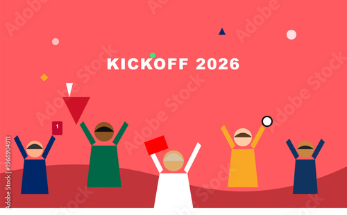 Hand-drawn minimalist fans cheering for international football event kickoff twenty twenty six with diverse stylized crowd authentic illustration
