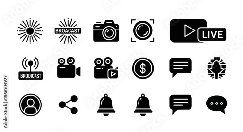 Live Streaming Icon Set UI UX, Broadcast Video Monetization Flat Vector Icons Pack