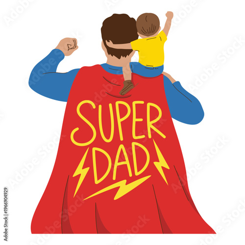 Super dad in hero costume carrying young son on shoulders celebrating together now.