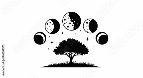 Silhouette of a tree with moon phases and stars above