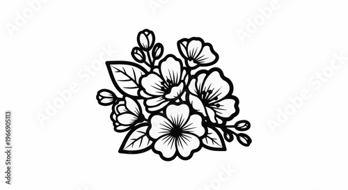 Black and white floral outline with buds and leaves