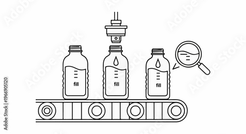 Automated conveyor belt filling bottles with liquid, monitored by quality control