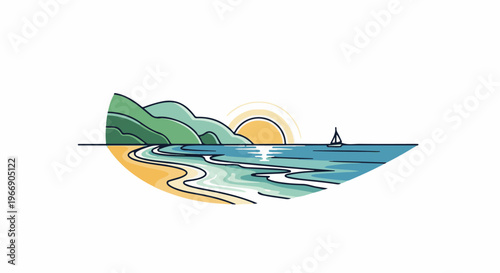 Stylized tropical coastline with rolling green hills and gentle ocean waves