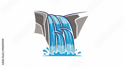 Stylized waterfall cascading over rocks with white background