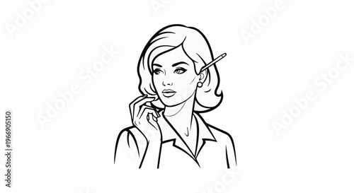 Vintage woman with a pencil behind her ear, looking thoughtful