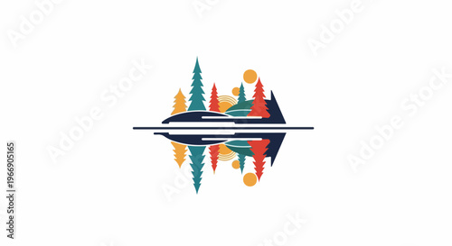 Stylized forest and sun reflected in water, graphic design