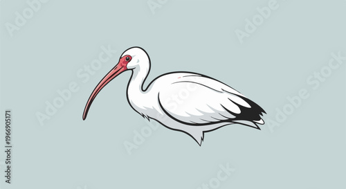 Stylized white ibis with long curved beak on light blue background