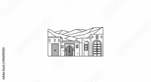 Stylized line art of desert architecture with arched doorways and layered hills