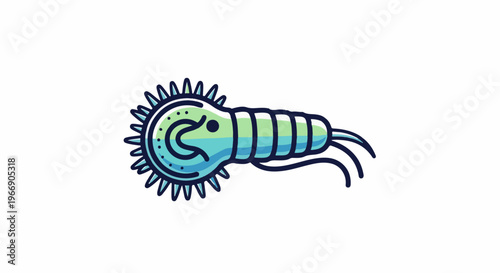 Stylized drawing of a green and blue bioluminescent microorganism with spiky edges