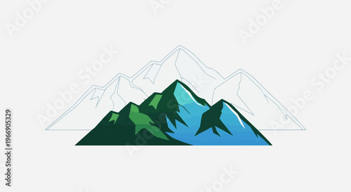Stylized mountain peaks in green and blue against a backdrop of faint, outline mountains