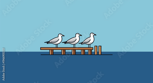 Three seagulls perched on a wooden pier over deep blue water
