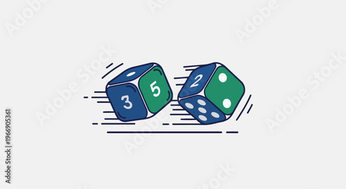Two colorful dice, one showing 3 and 5, the other 2 and 6, tumble
