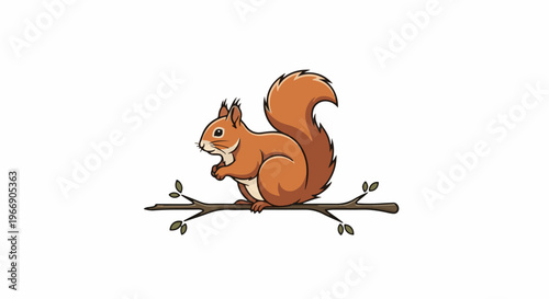 Animated red squirrel perched on a branch with leaves