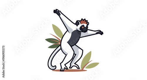 Stylized lemur performs a dynamic pose amongst foliage