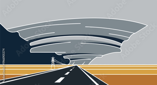 A stylized tornado looms over an empty road in a flat landscape