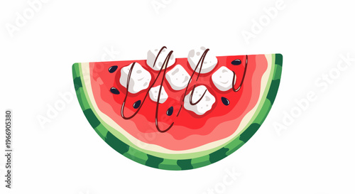 A stylized slice of watermelon topped with whipped cream and chocolate drizzle