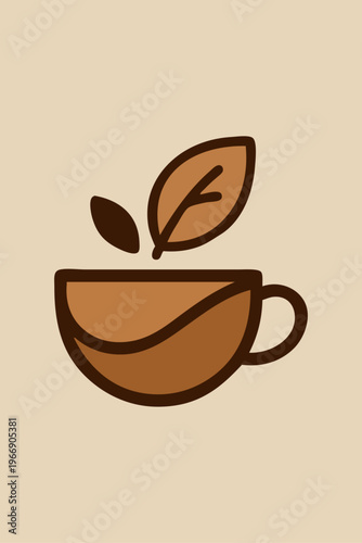 Logo cafetería. Dibujo sencillo con líneas de una taza de café con leche y hojas de planta vista de perfil 