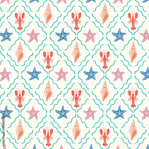Seamless pattern with lobster, starfish, and shell. Marine background with sea creatures. Flat style marine life illustration. Textile print design with underwater sea creatures.