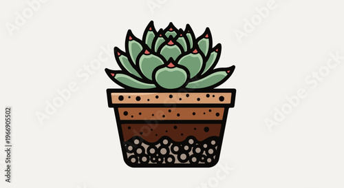 Stylized green succulent plant with red tips in a brown spotted pot