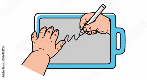 Infant hand touches screen while adult hand draws on digital tablet