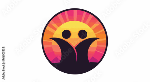 Abstract circular logo of a stylized sun with two figures and abstract plants