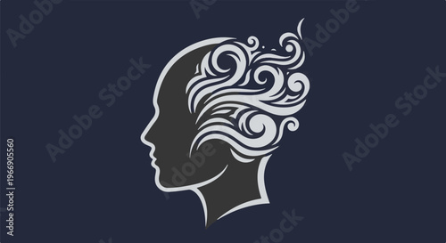 Silhouette of a human head with swirling, abstract patterns for hair