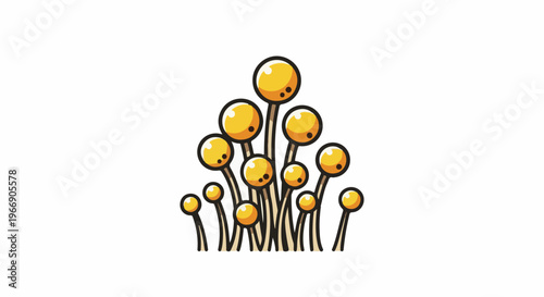Whimsical collection of yellow spherical pods on thin stalks