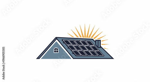 Roof with solar panels and sunbeams, representing sustainable energy
