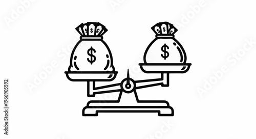 Scale with two bags of money, balancing financial worth