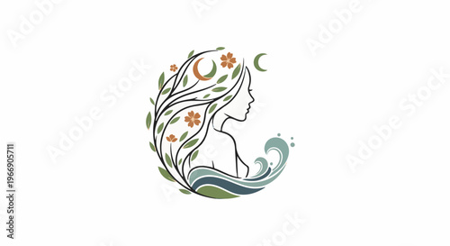 Stylized profile of a woman with hair formed by leaves, flowers, and a crescent moon