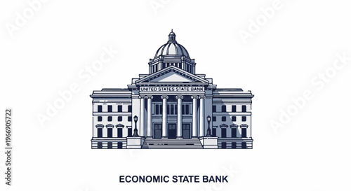 Classic bank building with dome and columns, white background