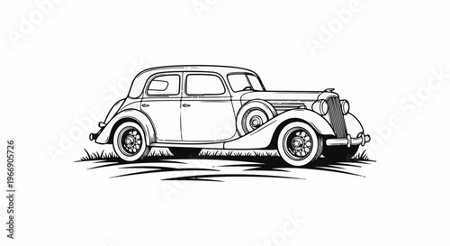 Classic black and white illustration of a vintage automobile on grass