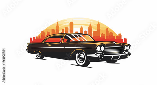 Classic car cruises past a vibrant, retro-style city skyline