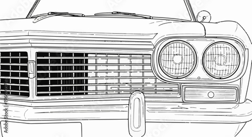 Classic car front end sketch with dual headlights and chrome grille